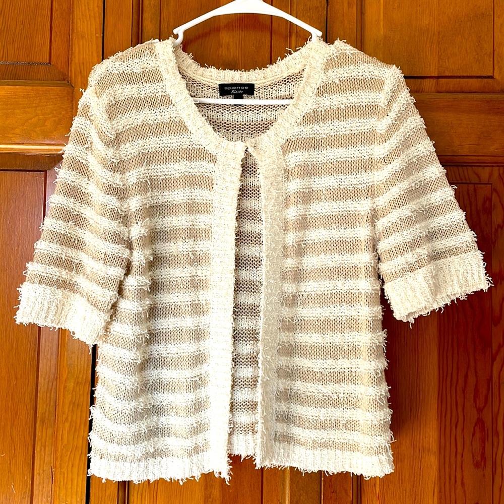 Spense Knits Short Sleeve White Fuzzy Cardigan